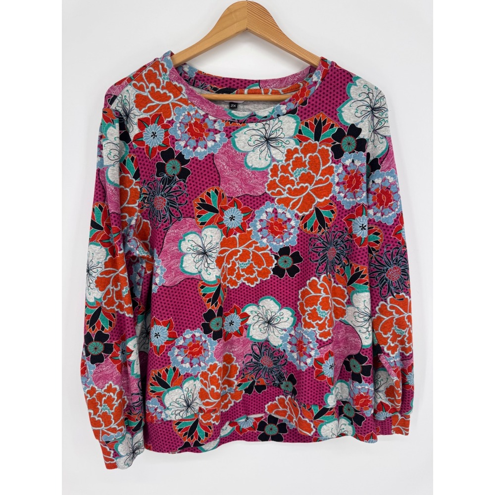THE KIT Floral Long Sleeve Top Women 2X Pink Pop Vibrant Artsy Maximalist